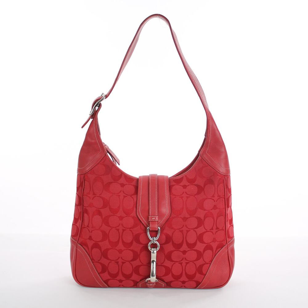 Coach Signature Red Hobo Shoulder Bag Vintage Jacquard Leather Trim